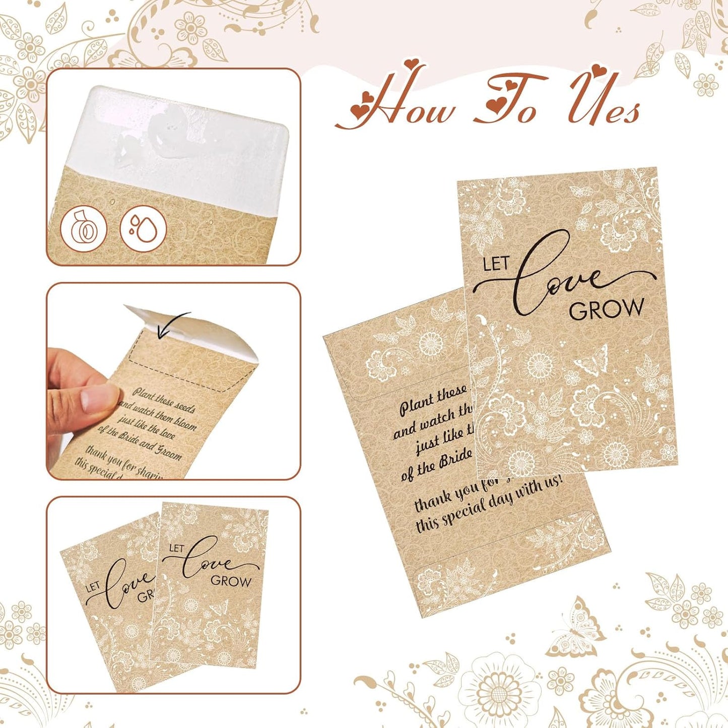 Cinrobiye 50 Sets Let Love Grow Wedding Favors for Guests Seed Packet Bags (Seed Not Include) with Tags & Labels Flowerpot for Bridal Shower Party Favors Bulk Wedding Souvenirs for Guests(Retro)