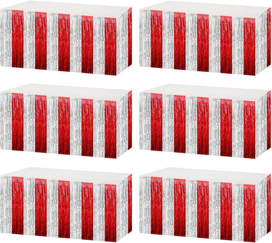 6 Pack 29x108 Inch Red Silver Metallic Foil Fringe Tinsel Table Skirts for Rectangle Tables Streamer for Wedding, Parade Floats, Circus Welcome Carnival Birthday Valentine's Day Party Decoration