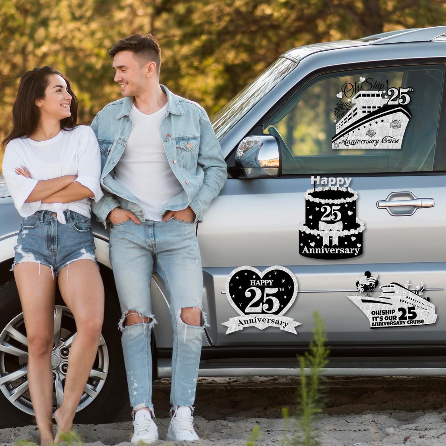 4 PCS Large 25th Anniversary Cruise Door Magnets Decorations Happy 25th Anniversary Cruise Ship Door Decor Magnetic Wedding Magnets Garage Refrigerator Car Magnets for Cabin Stateroom (Black Silver)