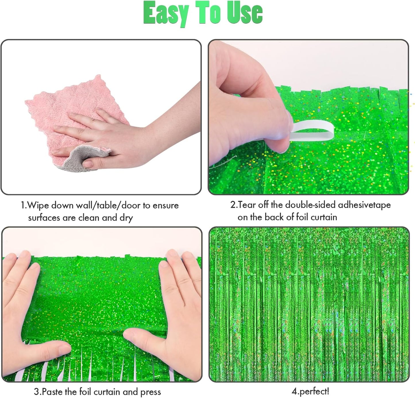 CANREVEL 2 Pack 3.3x8.2 Feet Laser Green Foil Fringe Backdrop Curtains, Tinsel Streamers Birthday Party Decorations, Fringe Backdrop for Jungle Safari Tropical Party Christmas Decorations