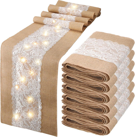 Xinnun 6 Pack Burlap Table Runner with LED String Lights, Modern Rustic Lace Natural Vintage Boho Jute Wedding Table Decor for Farmhouse Thanksgiving Christmas(Classic Style,12x108 Inches)