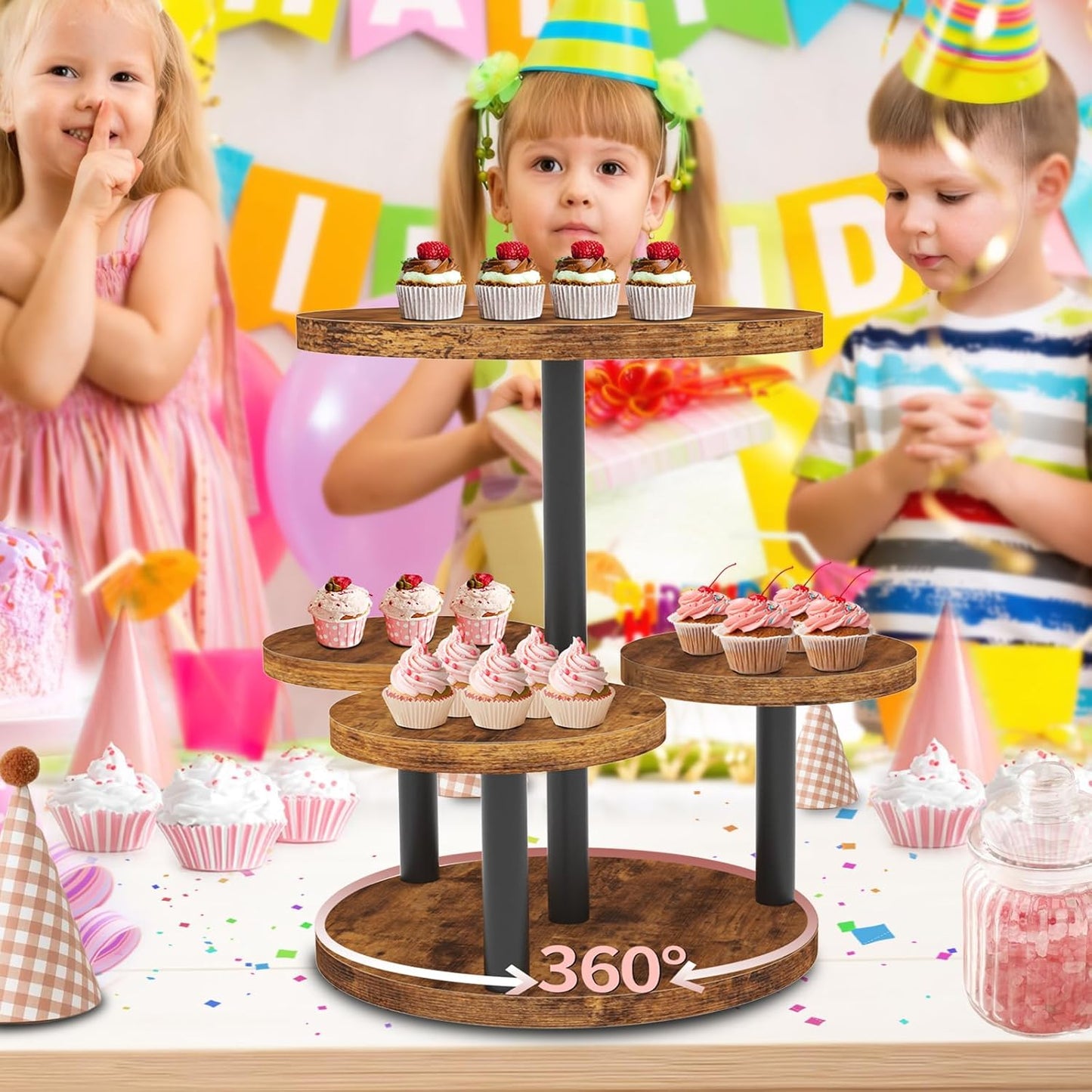 Cupcake Stand, 2 Pack Rotatable Cupcake Stand for 50 Cupcakes, Wood Cake Stand Cupcake Tower, Rustic Dessert Table Display Set Tiered Tray Stand, Round Serving Tray for Party Wedding Birthday