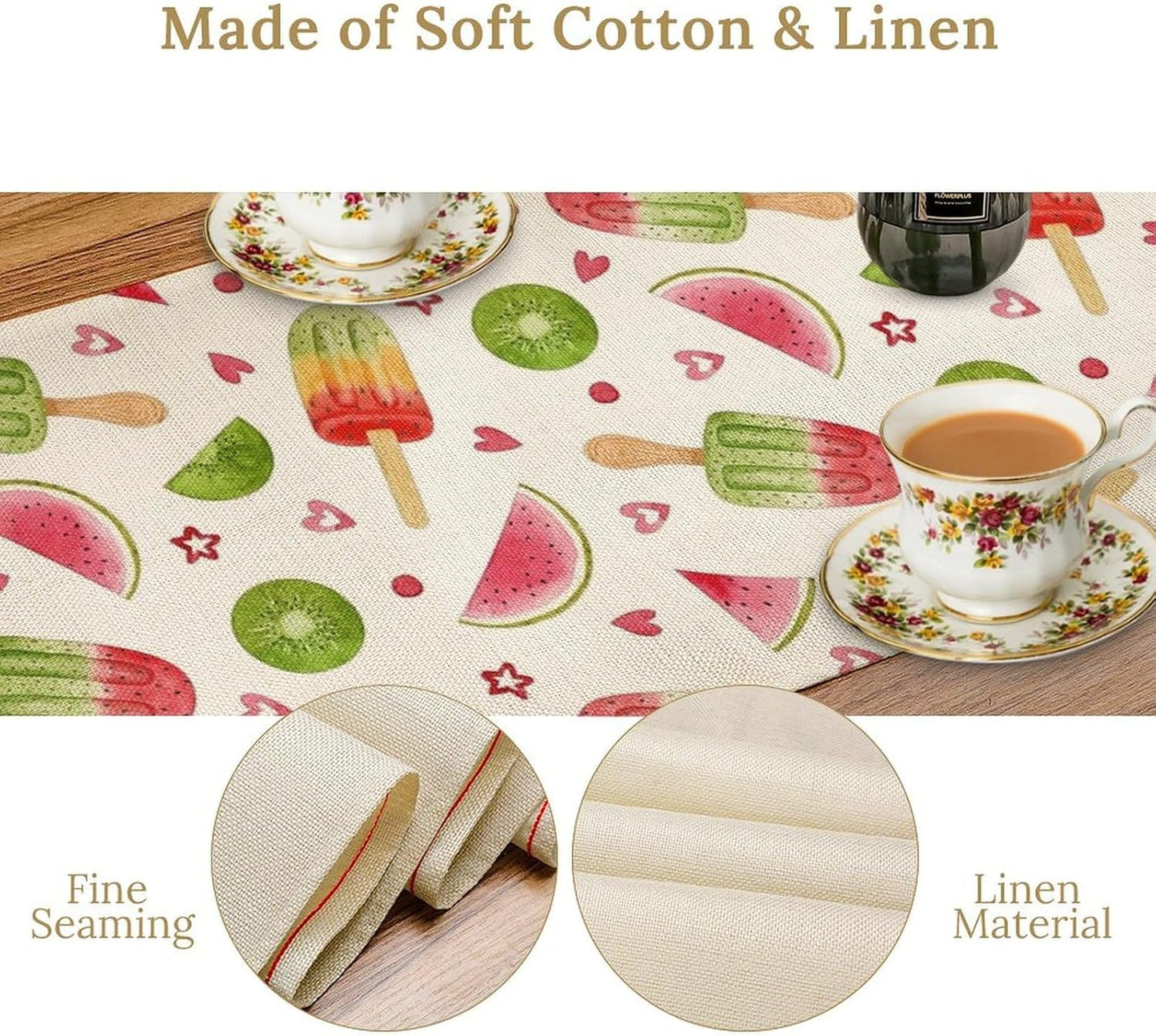 Summer Popsicles Table Runner, Colorful Watercolor Ice Cream Loves Heart Seasonal Dinner Runner for Party Holiday Home Kitchen Dining Table Decor 13"x120"