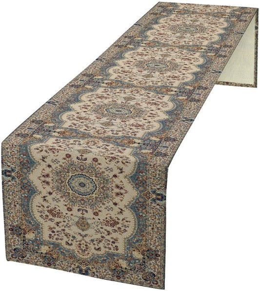Boho Bohemia Style Table Runner, Vintage Blue Teal Gold Retro Flower Rustic Country Style Floral Print Pattern for Home Kitchen Table Decor Dining Coffee Room Garden Party Decor 13x36in