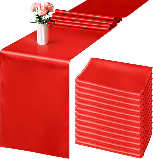 Aneco 12 Pack Satin Table Runner 12 x 108 Inch Red Long Wedding Satin Silk Table Runner for Wedding Banquet Graduations Birthday Party Decoration