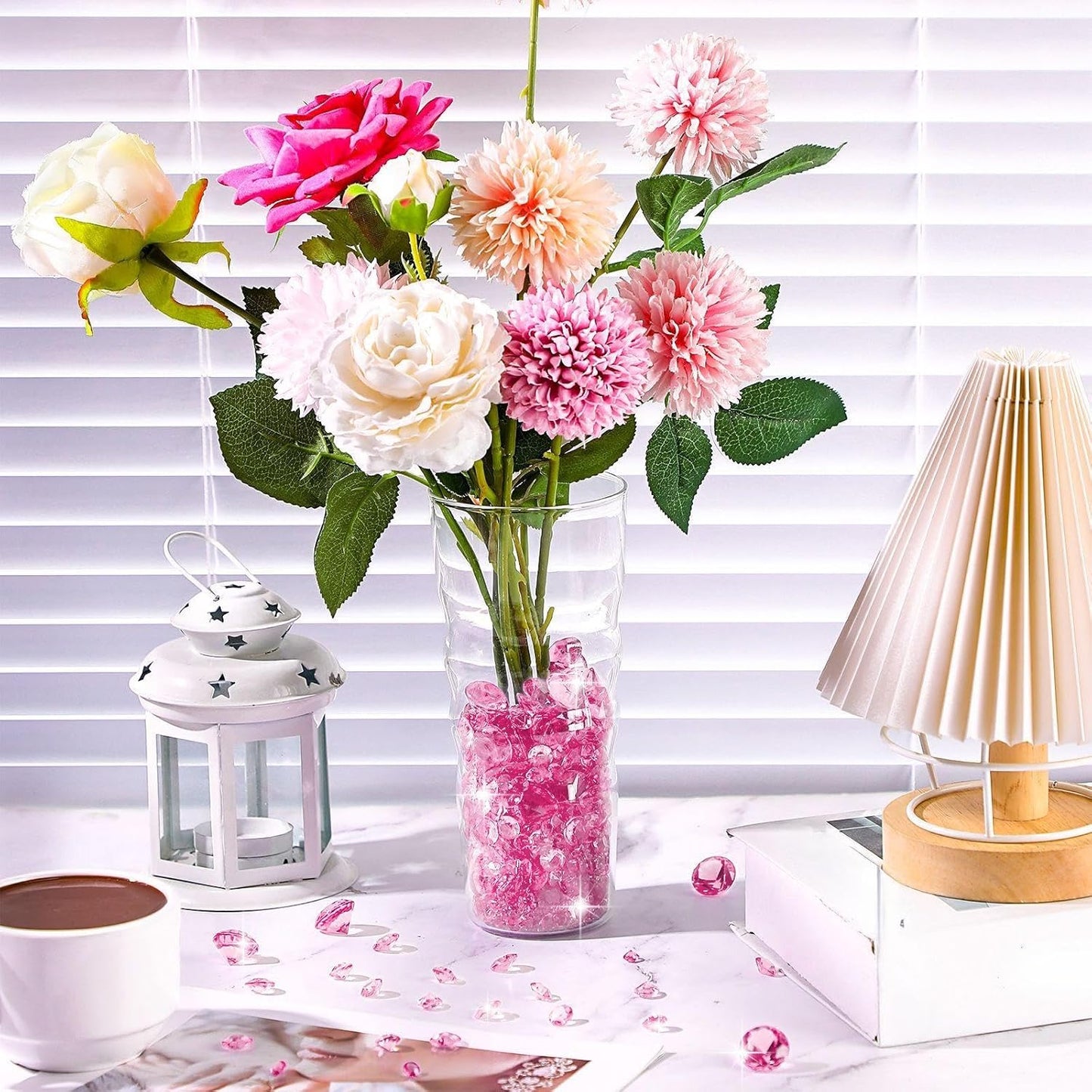 Hicarer 800 Pieces Diamond Decorations Acrylic Diamond Table Scatter Crystals for Table for Vase Fillers Party Decorations(20, 12, 10, 6, 3mm,Pink)