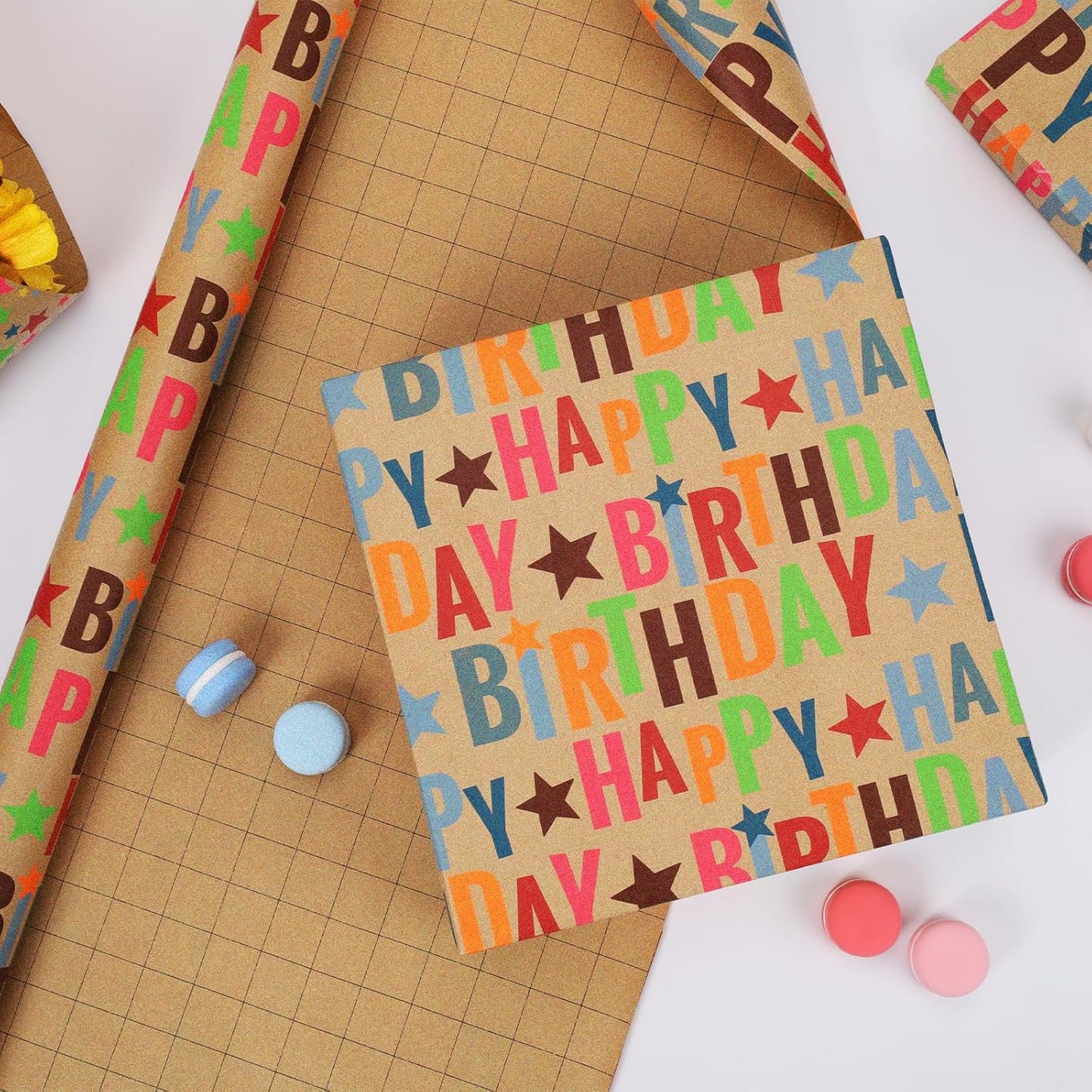 LaRibbons Birthday Wrapping Paper Roll for Kids, 17 Inch x 16.5 Feet Kraft Gift Wrap Paper with Colorful Text Happy Birthday Pattern for Boys Holiday Party