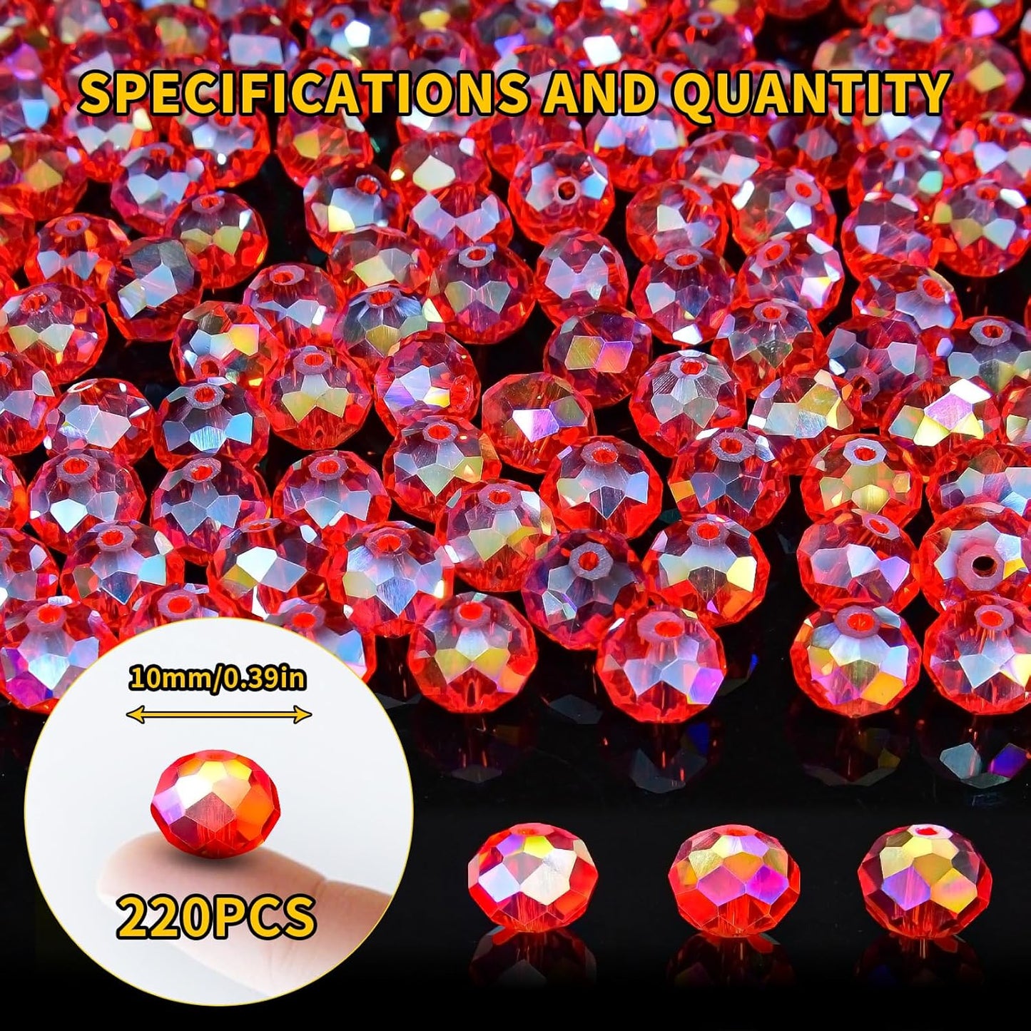 220Pcs 10mm Crystal Glass Beads for Jewelry Making Beads for Bracelets Necklace Pendants Making Supplies(Red)