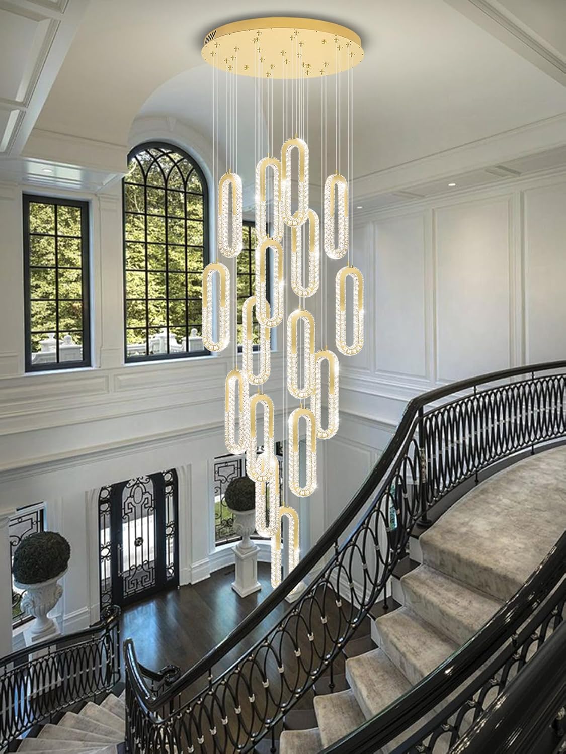 H138 Large Chandelier for High Ceiling,Modern 16-Rings Crystal Chandeliers for Entryway,Gold Pendant Light for Living Room,Foyer,Entryway LED Dimmable Staircase Chandelier