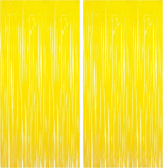 BRAVESHINE Foil Fringe Curtain Backdrop - 2 Pack Yellow Tinsel Photo Booth Backdrop Party Streamers for Easter, Birthdays, Christmas, Lemon, Pineapples, Kids' Party Decorations