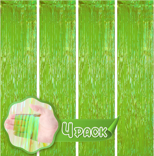 4 Pack 3.3x8.2 Feet Neon Green Foil Fringe Backdrop Curtains, Tinsel Streamers Birthday Party Decorations, Fringe Backdrop for Graduation, Baby Shower, Gender Reveal, Disco Party