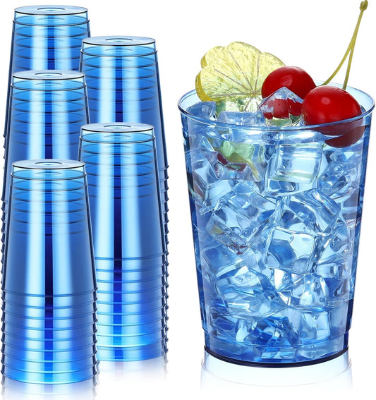 Minatee 100 Count Plastic Cups Disposable Fancy Cups Heavy Duty Wine Cocktail Glasses for Halloween Wedding Christmas Birthday Party Supplies Plastic Drinking Tumblers(Blue,10 oz)