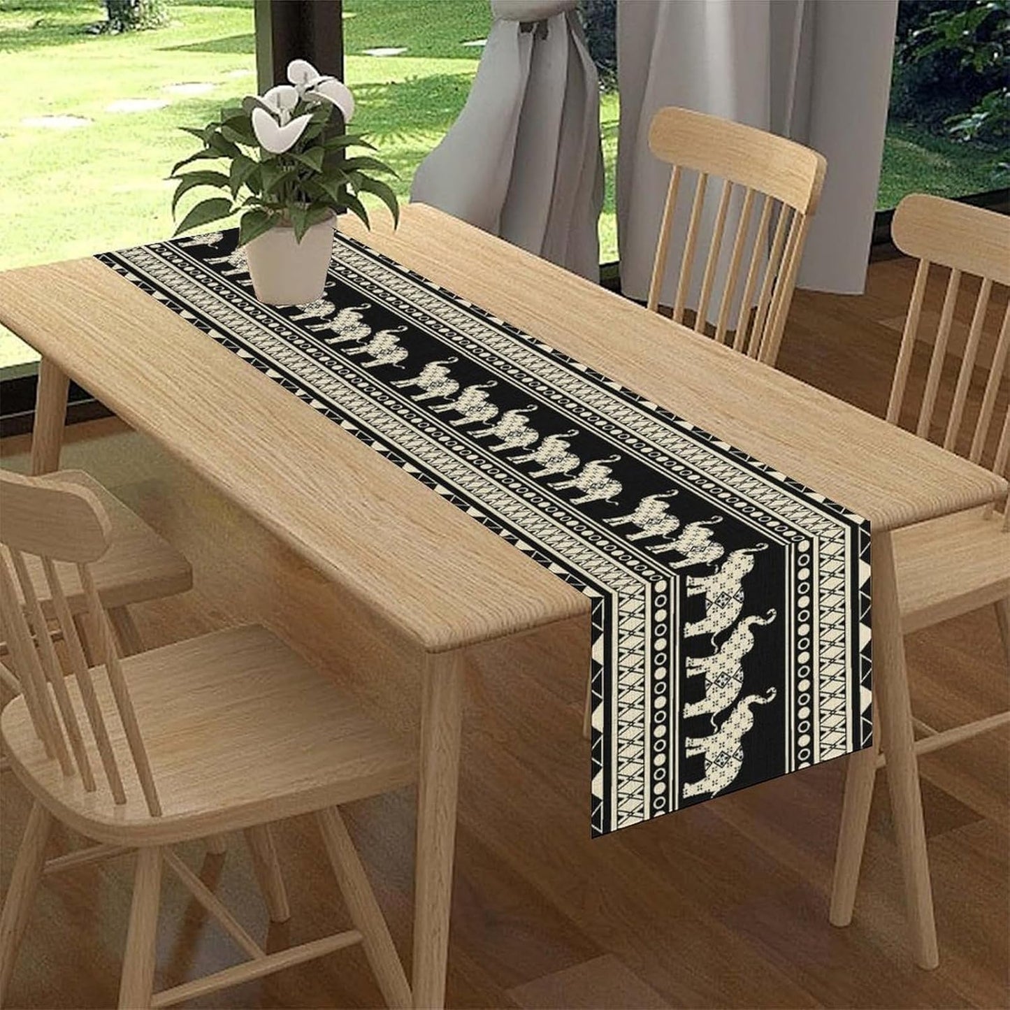 Ethnic Table Runner, Rustic Farmhouse Boho Geometric Elephant Aztec Tribal Print Black Table Center Decor for Home Kitchen Dining Patio Holiday Party Indoor Outdoor Table Decorations, 13"x108" Inch
