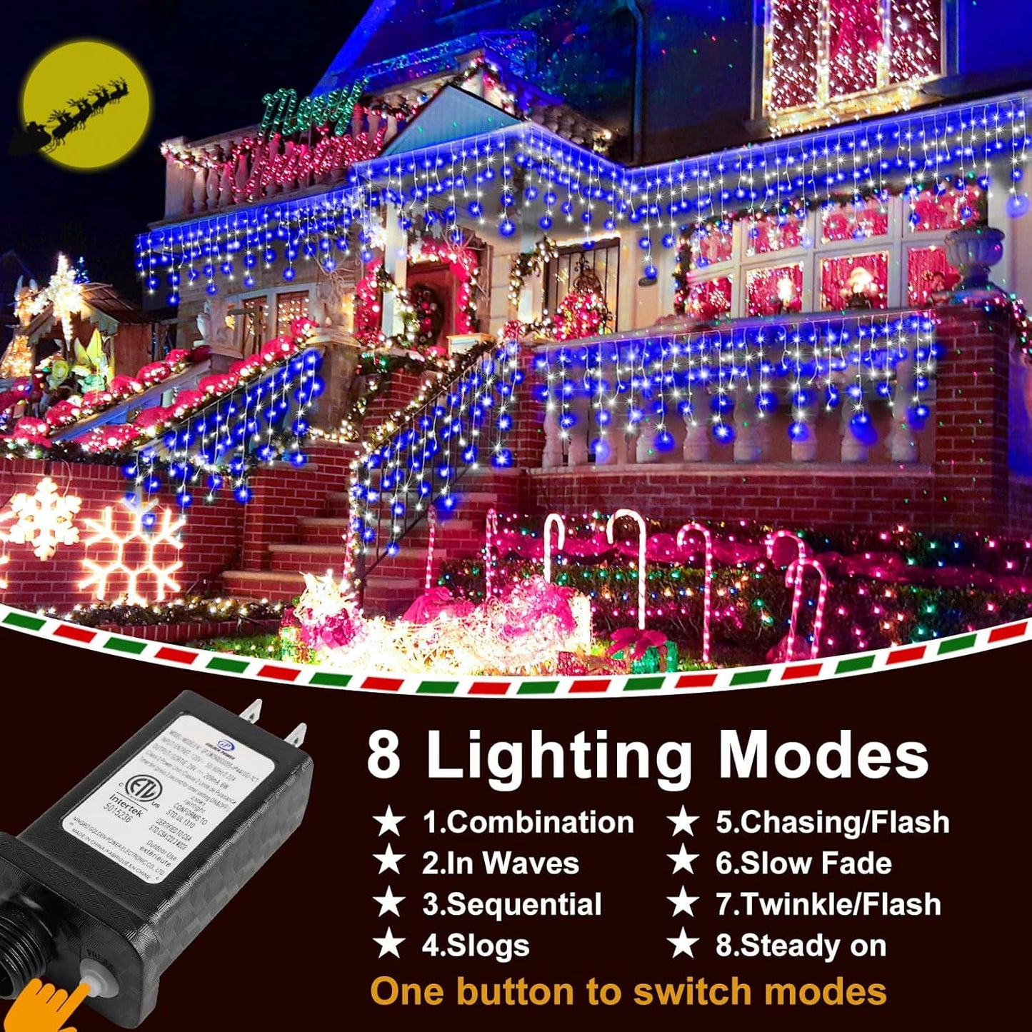 KNONEW Christmas Lights Outdoor Decorations 400 LED 33ft 8 Modes Curtain Fairy String Light with 75 Drops, Clear Wire LED String Light Indoor Decor for Wedding Party Christmas (Blue and White)