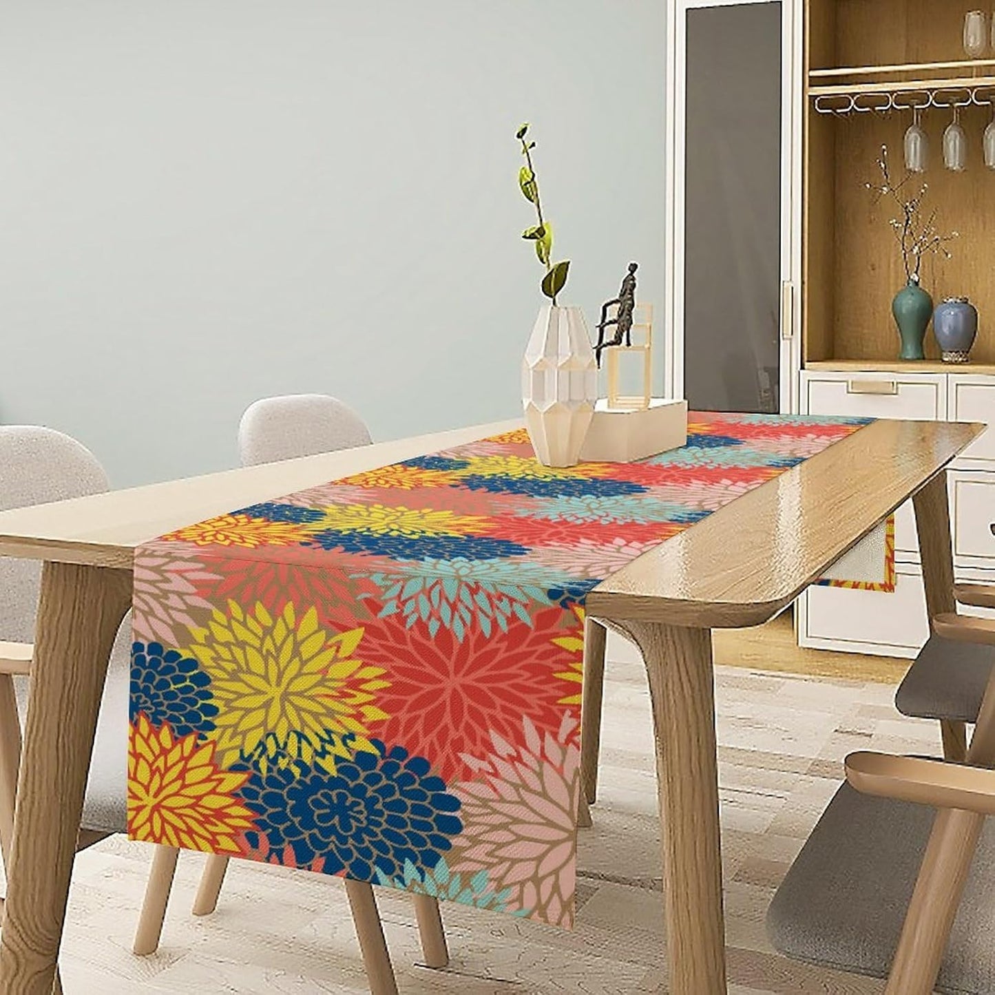 Dahlia Flowers Table Runner Colorful Floral Teal Grey Pink Yellow Blue Abstract Table Runner Kitchen Dining Party Decor Living Room, 13x120 Inch