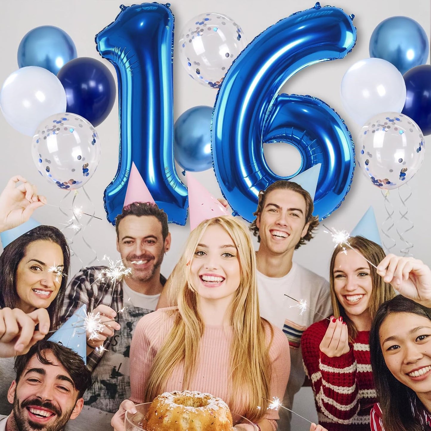 16 Balloon Number Blue, Big Number 16 Balloon Pastel Navy Dark Blue with Metallic Silver Confetti Balloon for Boys 16th Birthday, Foil 40'' Self Inflating Balloon 16 for Anniversary Party Decorations