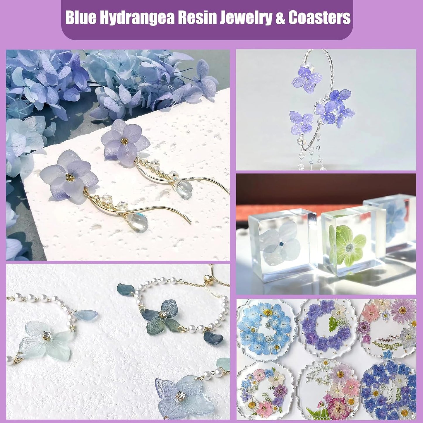 LUXEEASE 140 Pcs Dried Pressed Hydrangea Flowers for Crafts, Real Natural Blooms in Blue, Pink & White Tones with Foliage Accents, Perfect for Resin Art, DIY Jewelry & Home Decor – Tweezers Included