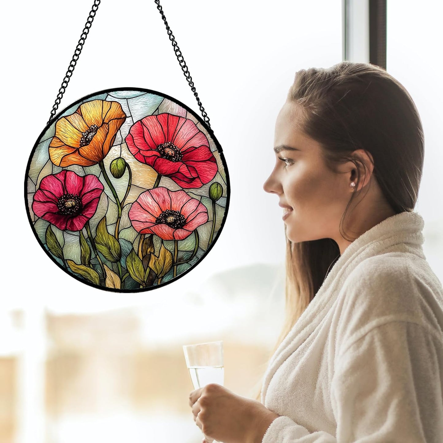 Stained Glass Window Hanging, Red Orange Poppy Birth Flowers Sun Catcher for Door Garden Yard Decor Wildflowers Suncatcher Christmas Mother Birthday Gifts for Women Men Mom Nana 15 in