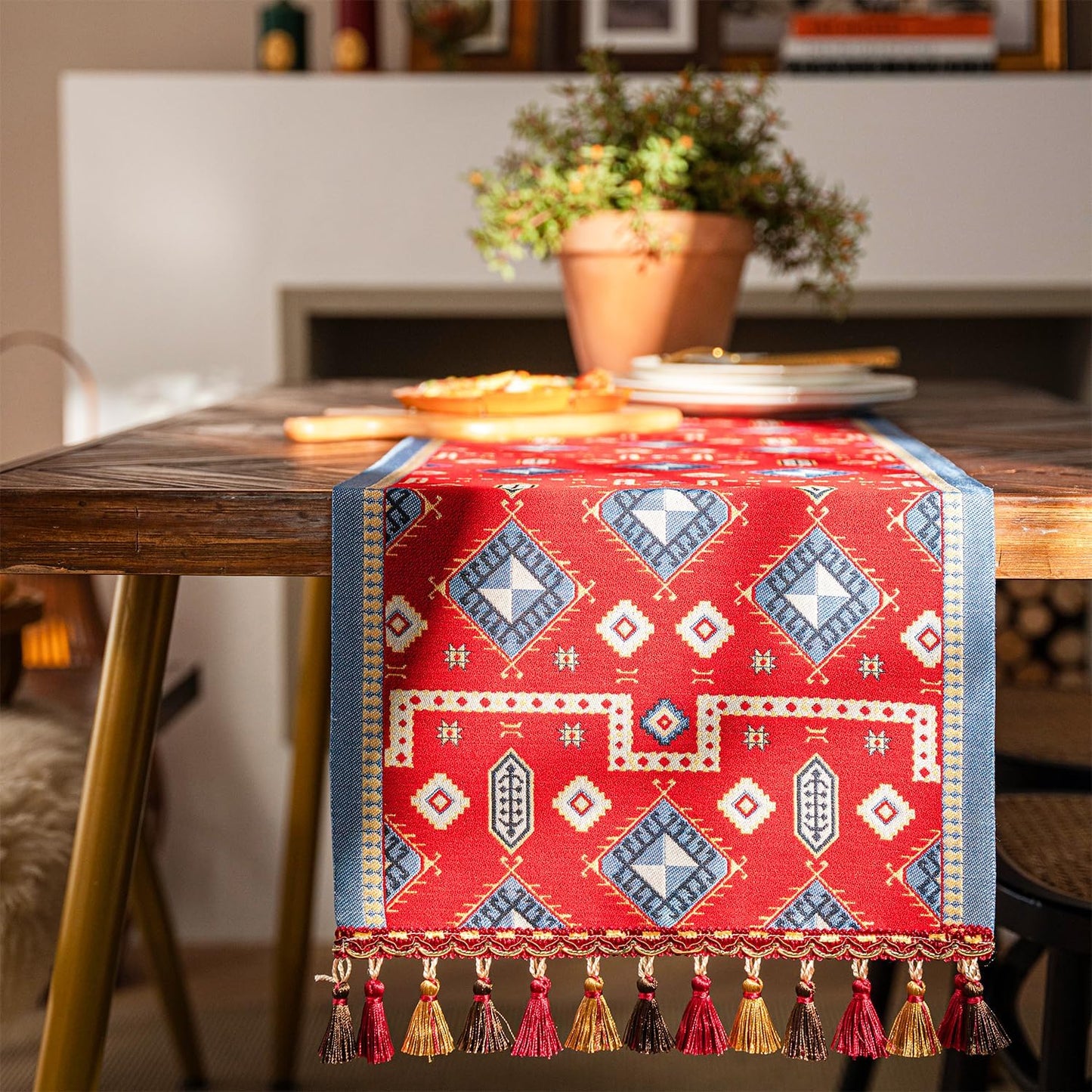 13×72 Inch Table Runner, Retro-Luxury Tassels Series for Kitchen Dining Table Holiday Decoration (Chipset)