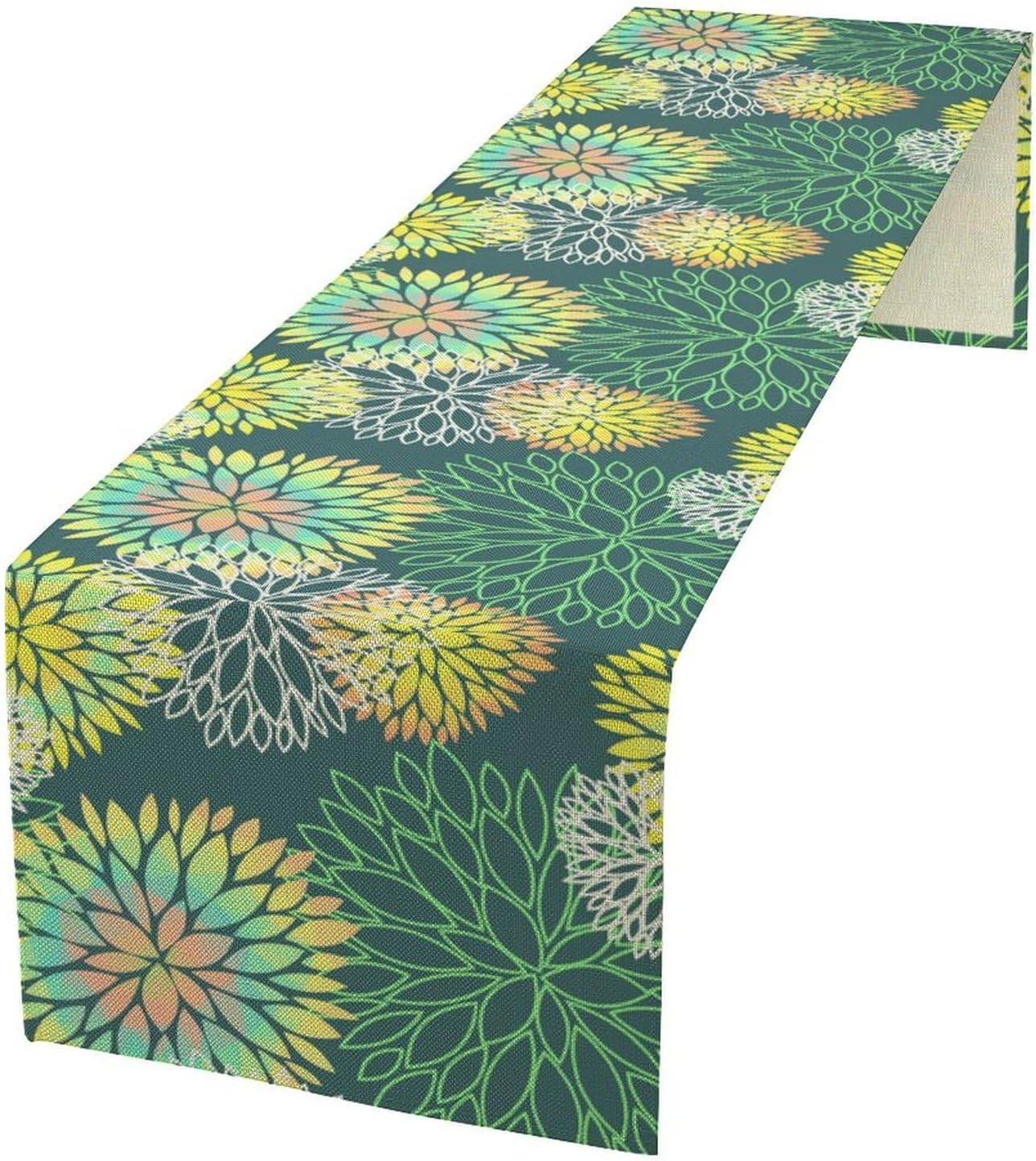 Green Dahlia Flower Table Runner, Linen Geometric Pattern Floral Table Decor Spring Farmhouse Decorations for Kitchen Dining Holiday Party Decor, 13x36 Inch