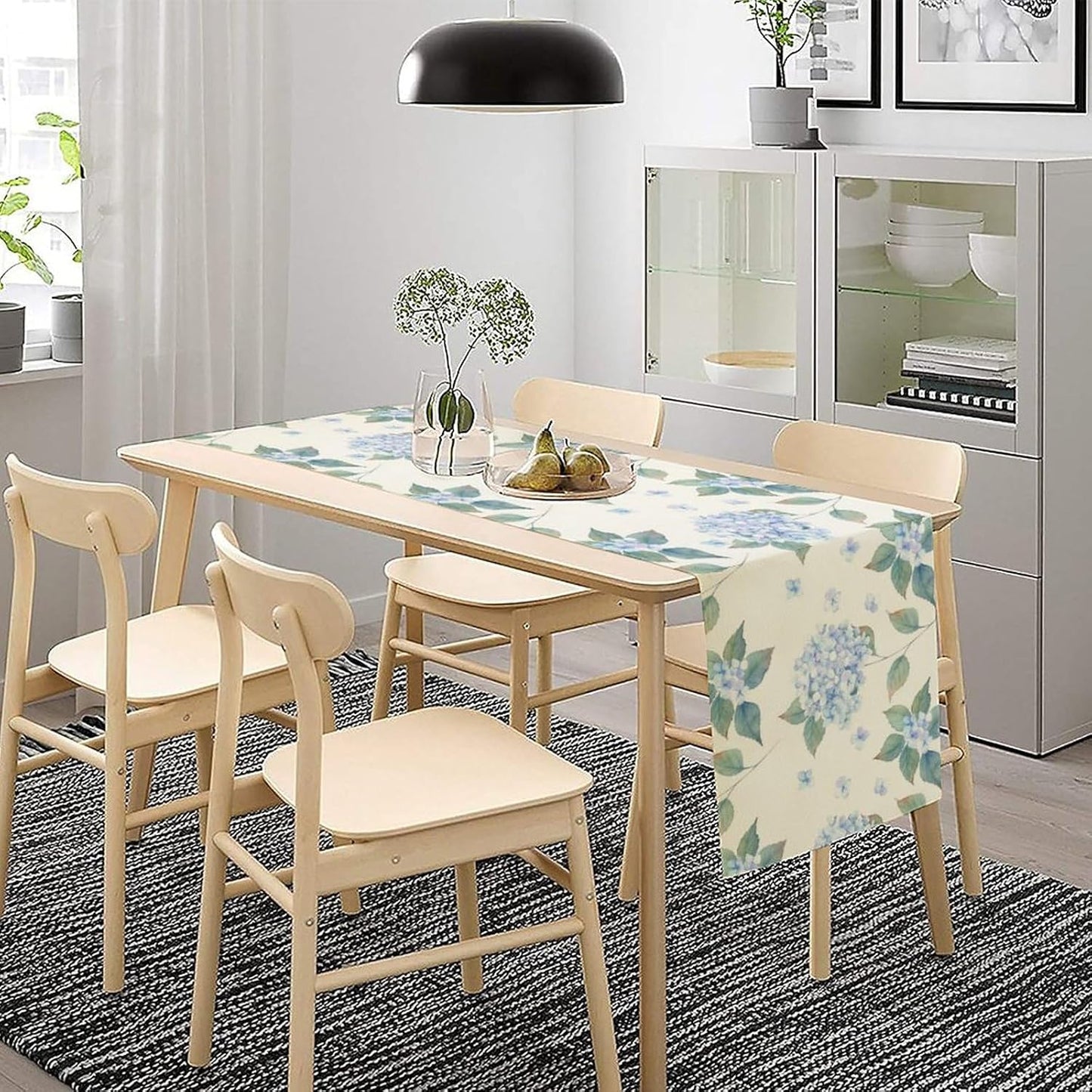 Spring Hydrangea Flower Table Runner, Seasonal Summer Plants Watercolor Blue Florals Dinner Runner for Home Kitchen Dining Table Party Holiday Decoration 13"x70"