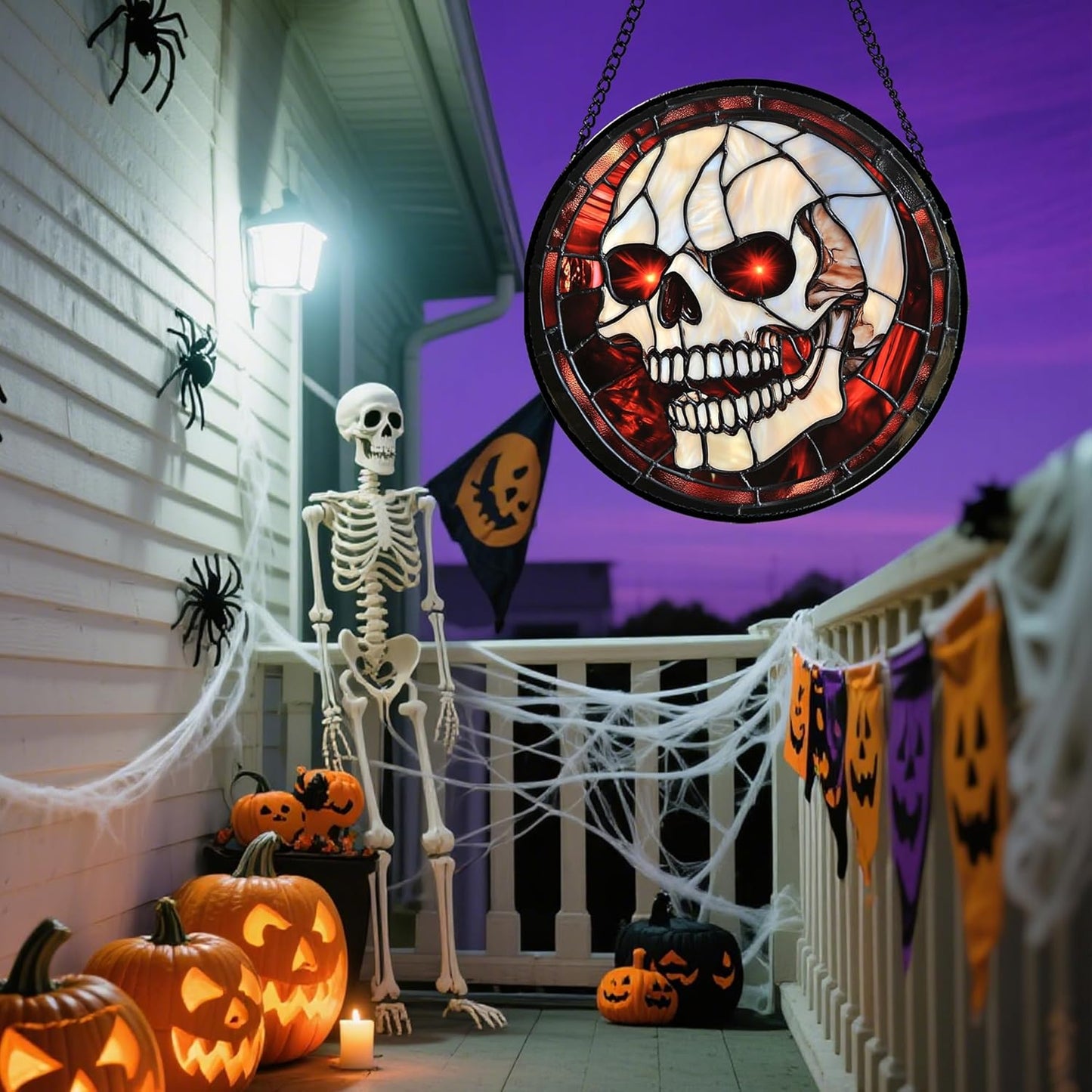 Stained Glass Window Hanging - Halloween Decorations White Skeleton Suncatcher for Doors Garden Indoor Spooky Funny Red Sun Catchers Gothic Decor Horror Gifts for Women Men Friend 11.8 in
