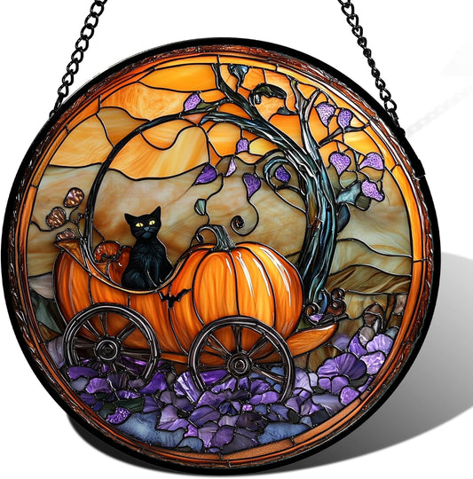 Stained Glass Window Hanging - Halloween Pumpkin Carriage Black Cat Suncatcher for Doors Window Garden Spooky Sun Catchers Gothic Decor Horror Gifts for Women Men Friend Boy Girl 11.8 in