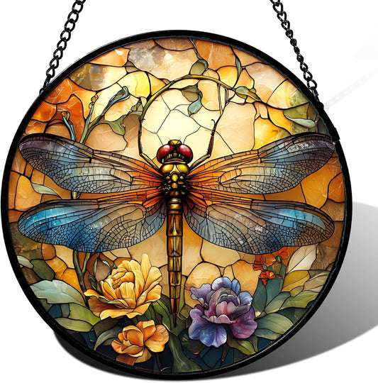 Stained Glass Window Hanging - Orange Blue Dragonfly Flower Suncatcher for Doors Window Home Sun Catchers Decor Christmas Mother's Day Birthday Outdoor Gifts for Women Men Mom Nana 9.8 in