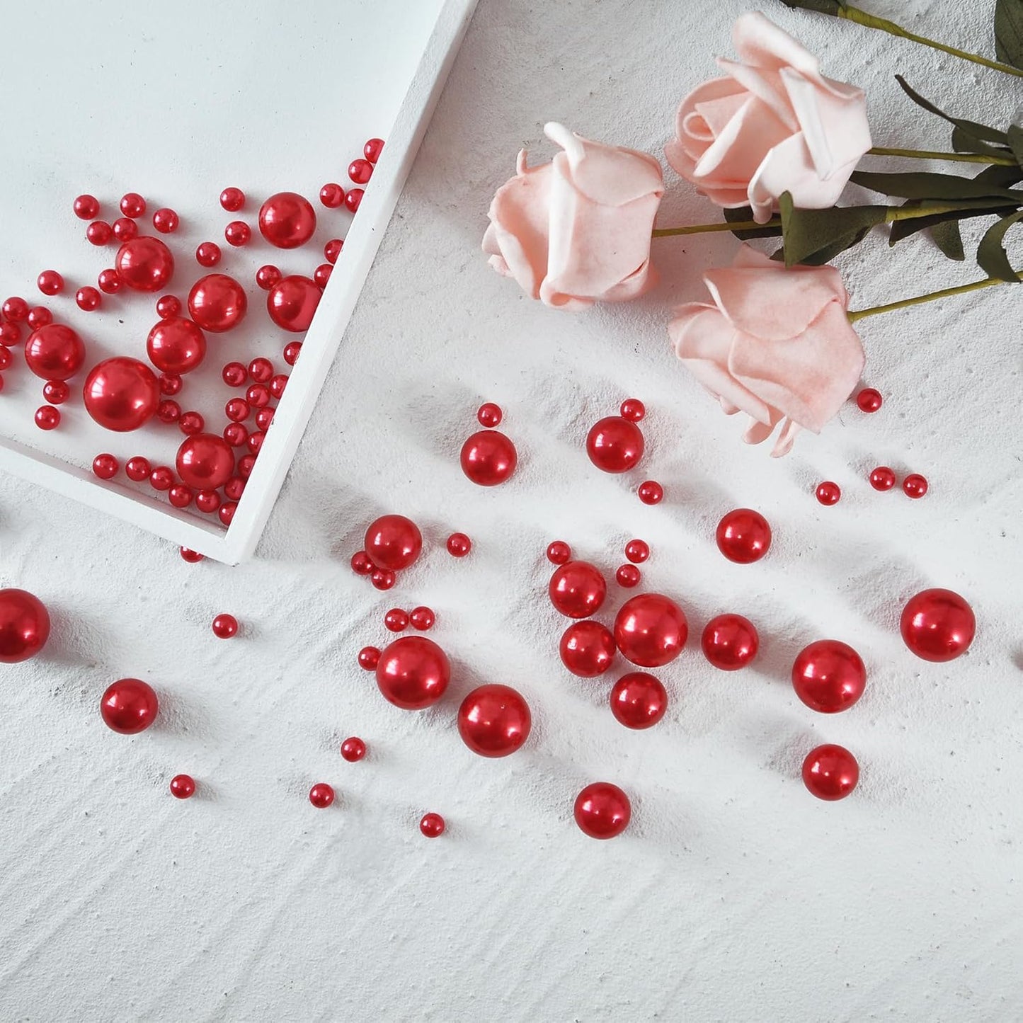 260Pcs Red Glossy Beads for Centerpiece Decor, Artifical Pearls Vase Filler, Makeup Brush Beads, No Hole Round Pearl Beads for Wedding Birthday Christmas Party Home Decor(18mm 14mm 6mm)
