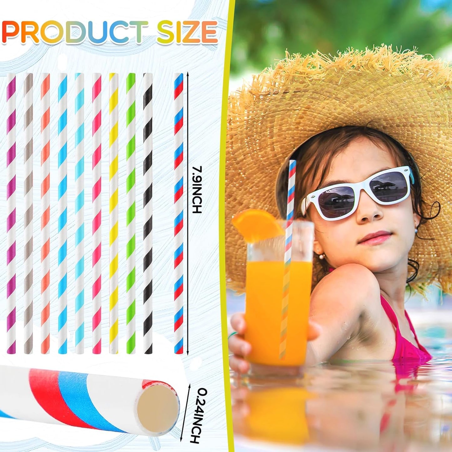 Eaasty 1200 Pcs Colored Paper Straws Bulk Disposable Striped Drinking Paper Straws for Summer Juice, Shakes, Cocktail,7.87 Inches, 0.24'' Diameter (Multicolor)