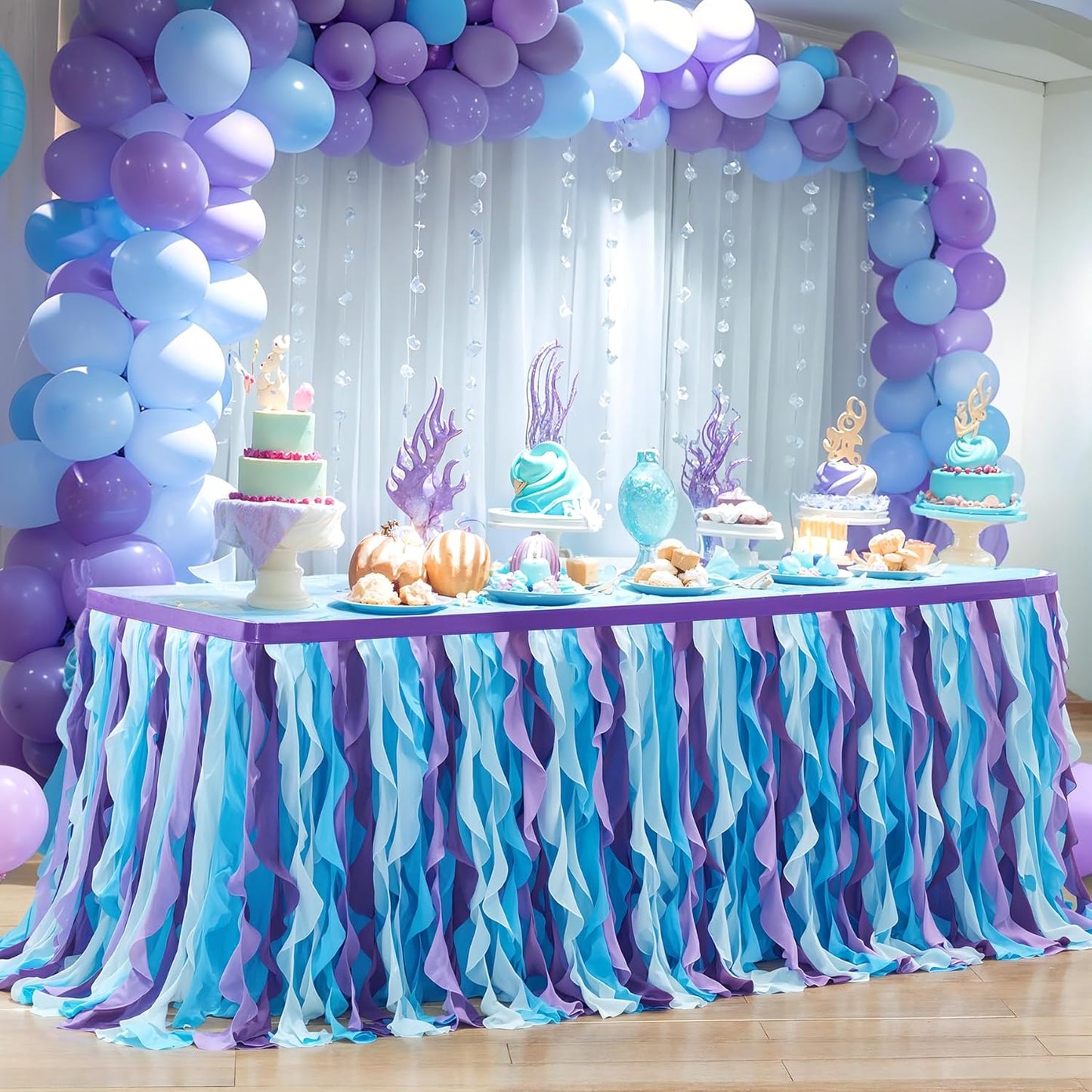 Partisky Mermaid Tulle Tutu Ruffle Curly Willow Table Skirt for Rectangle Table 14ft, Mermaid Themed Party Table Cloth for Girls Birthday Party or Baby Shower