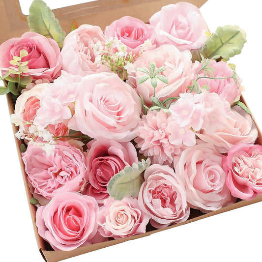 Floroom Blush Artificial Flowers Fake Roses Peonies Dahlia and Greenery Combo Box Set for DIY Pink Wedding Bouquets Bridal Shower Centerpieces Floral Arrangements Party Tables Home Decorations