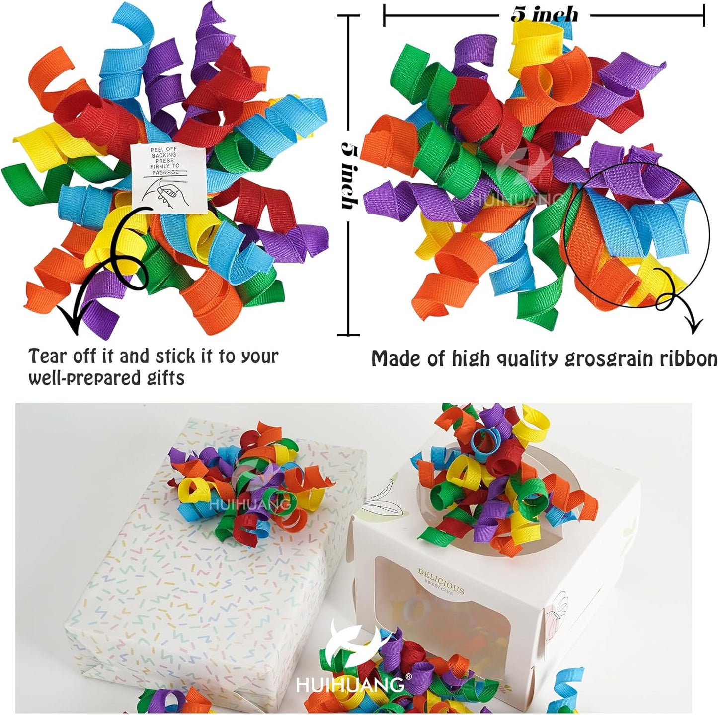 HUIHUANG Rainbow Bows for Gift Wrapping, Birthday Curly Ribbon Bows Self Adhesive Burst Gift Bow for Presents, Wine Bottle, Treat Bags, Birthday, Holiday Party Favors - 6 Counts