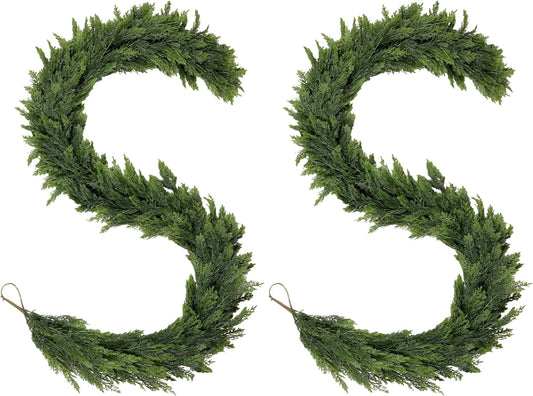 2PCS Christmas Cedar Garland 6FT Artificial Realistic Soft and Thickness Green Faux Cedar Pine Garlands, Holiday Xmas Decoration Stairs Wall Mantle Door Indoor Outdoor(2pcs, 6ft)