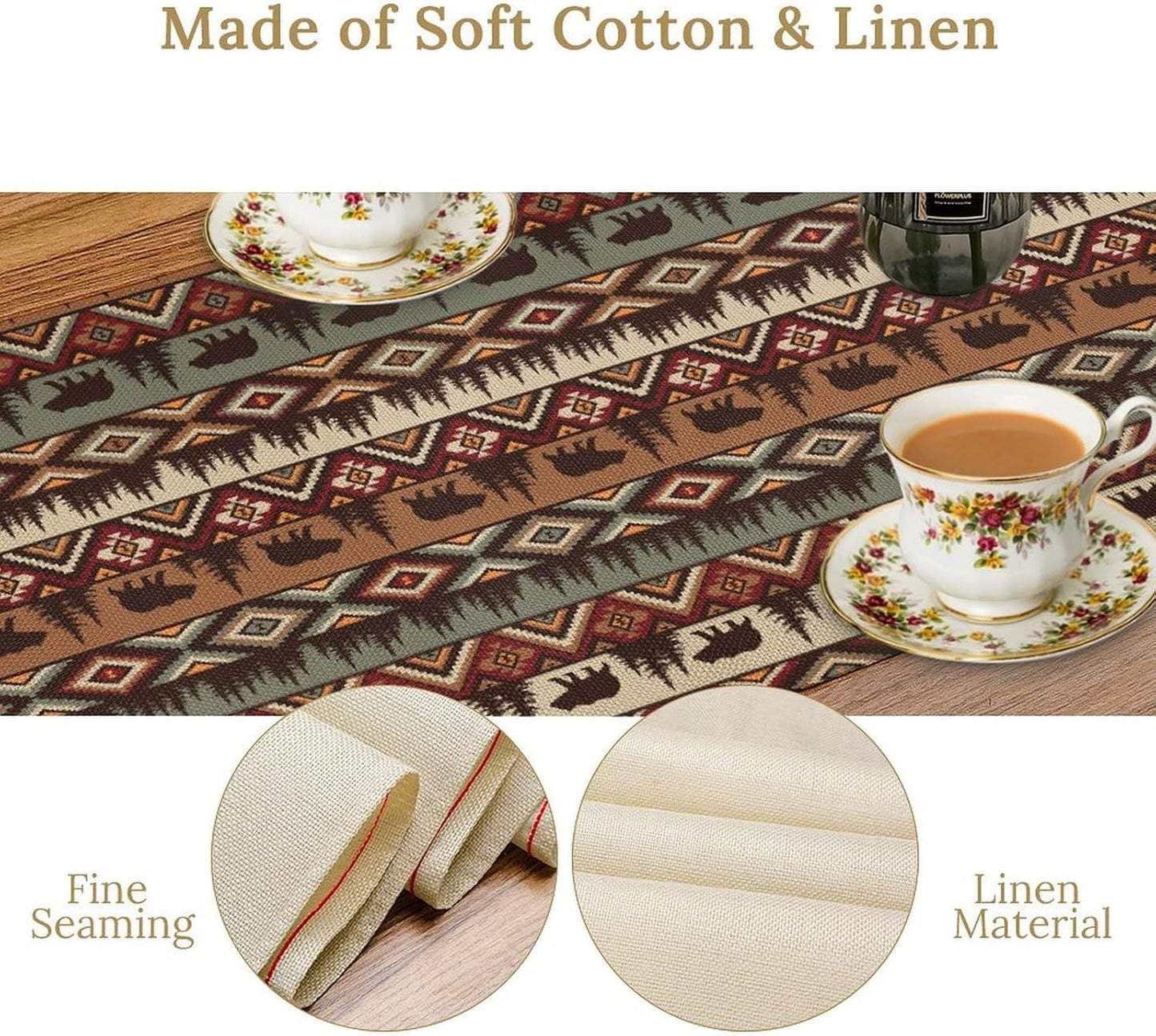 Retro Cabin Table Runner Rustic Bear Forest Farmhouse Lodge Jungle Table Runner for Dinner Party Living Room Kitchen Aztec Vintage 13x36 Inch