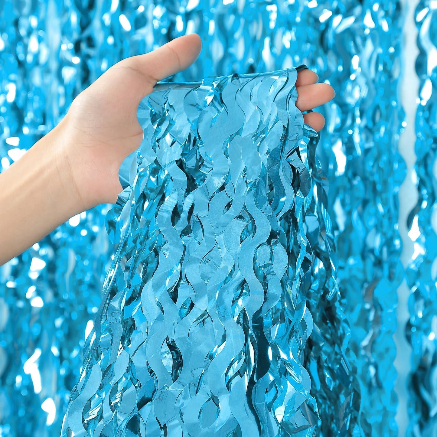 3 Pack Blue Wavy Tinsel Foil Fringe Curtain - 6.6 ft x 3.3 ft Foil Backdrop Photo Booth Props for Mermaid Birthday Under The Sea Party,Baby Shark Birthday Decorations