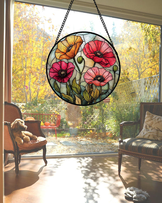 Stained Glass Suncatcher, Red Orange Poppy Flowers Sun Catcher Silver Background Wildflowers Window Hanging Decor Christmas Mother Birthday Gifts for Women Men Mom Nana 6.3 in