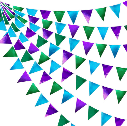 Blue Green Purple Party Decorations Metallic Fabric Triangle Pennant Banner Flag Bunting for Men Boys Video Game Theme Birthday Graduations Retirement Wedding Bachelor Baby Shower Party Supplies