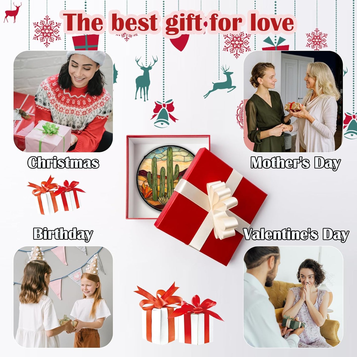 Stained Glass Window Hanging, Green Cactus Sun Catcher for Door Terrace Garden Home Decor, Abstract Desert Landscape Suncatcher Birthday Gifts for Lovers Women Men Dad Mom Nana 9.8 in