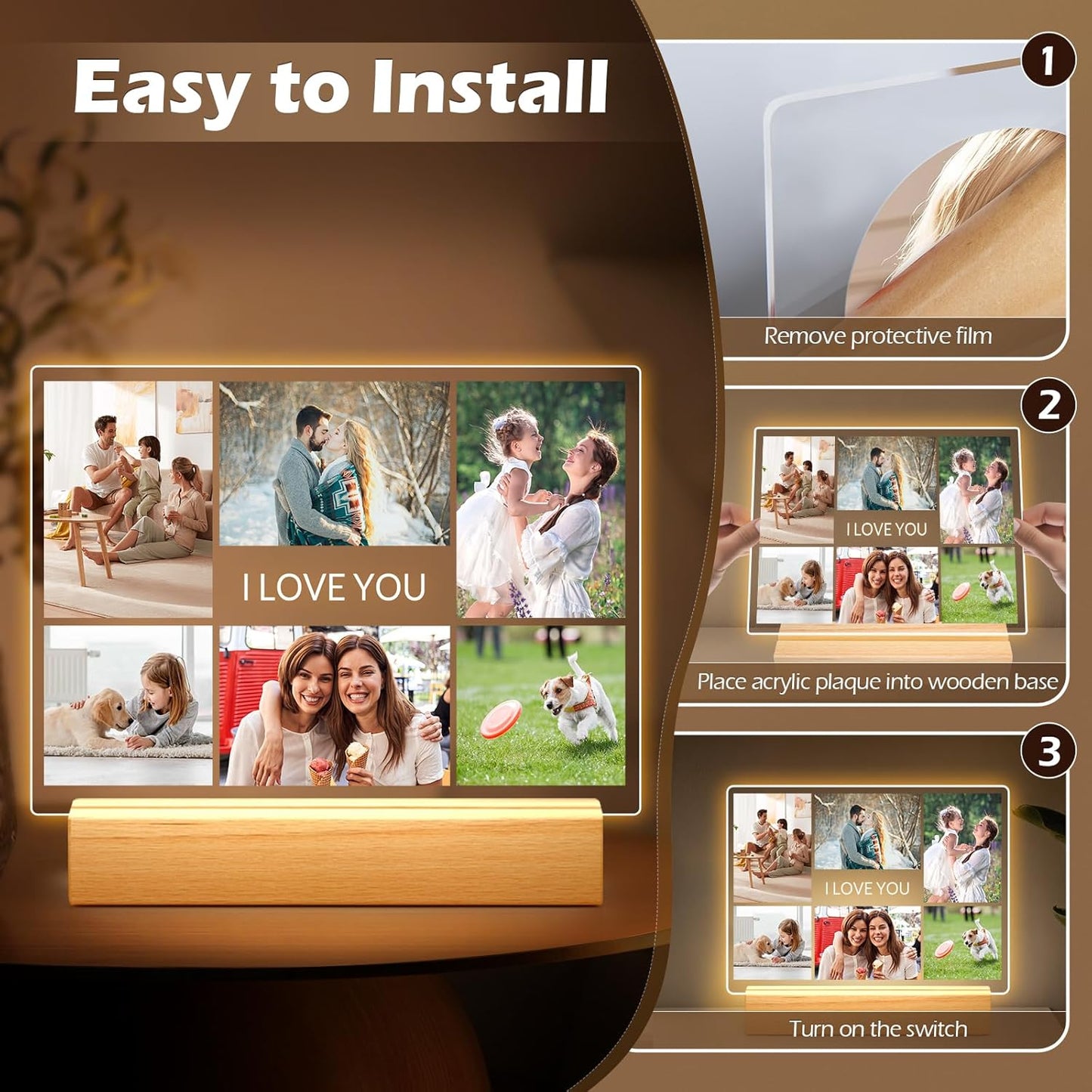 Custom Picture Frames with Photo, Personalized Photo Frame with Night Light, Customized Picture Frames, Personalized Anniversary Birthday Gifts for Women Men Her Him Girlfriend Boyfriend Couple