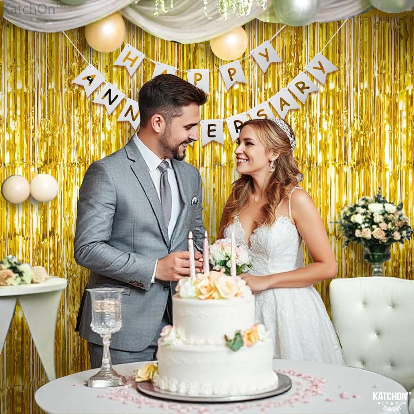 KatchOn, Gold Backdrop Curtain - 2 Pcs | Foil Fringe Curtain for 50th Birthday Decorations | Gold Streamers for New Years, Casino, Bachelorette, 50th Anniversary Decorations