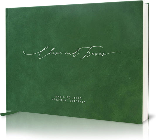 MUUJEE Personalized Guestbook in Emerald - Premium Custom Modern Guest Book for Wedding Reception, Birthday Party or Events w/Bookmark Blank Pages for Signing 11.5 x 8.5 inches