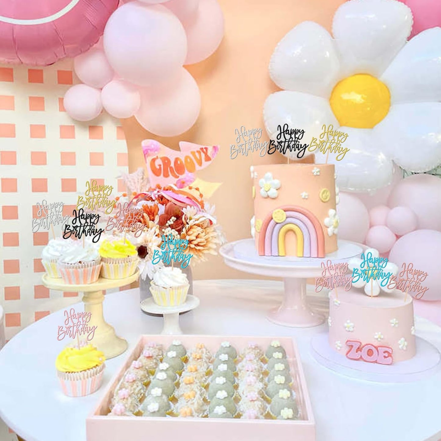 24 PCS Glitter Cupcake Toppers - Happy Birthday & Anniversary Picks - Multi 6 Colors