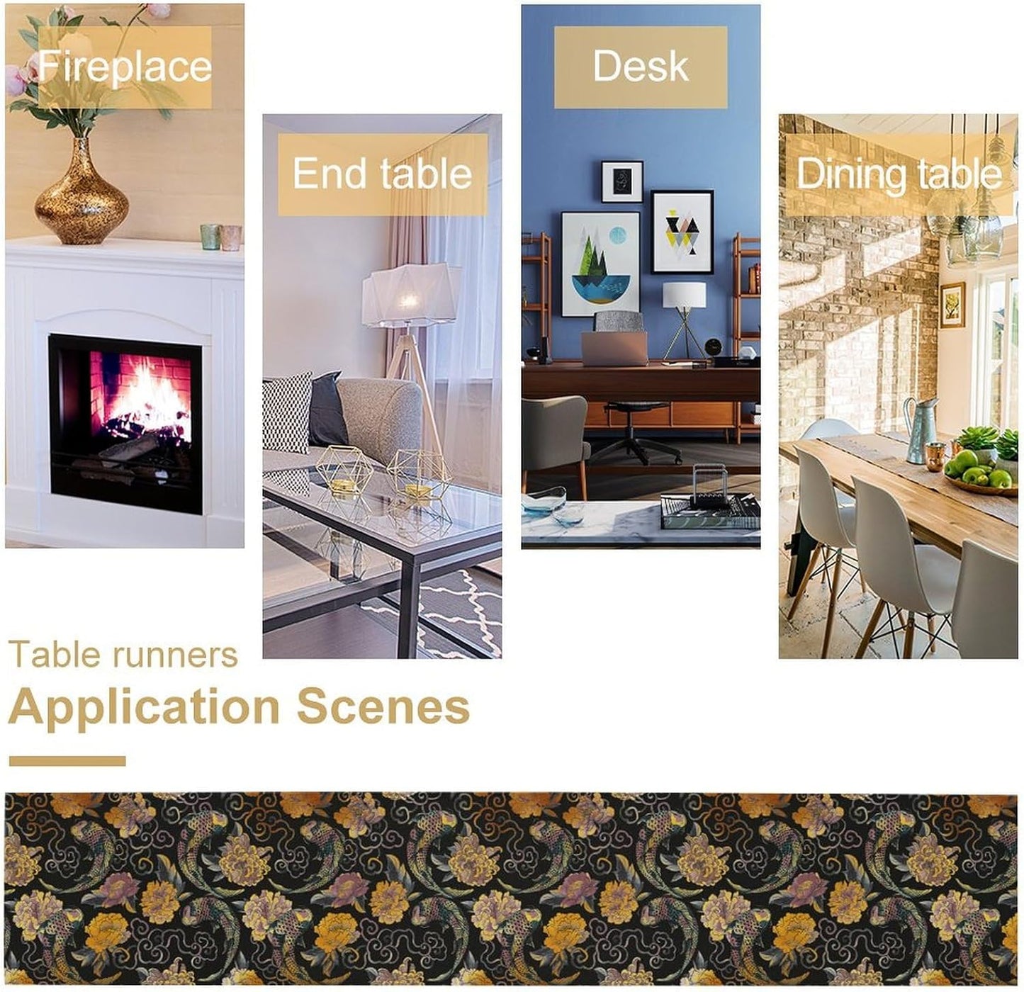 Japanese Table Runner Retro Flowers Oriental Tradition Kio Fish Art Printed Burlap Runner Home Kitchen Dining Table Living Room Decor Fabric 1 Panel W13xL120in