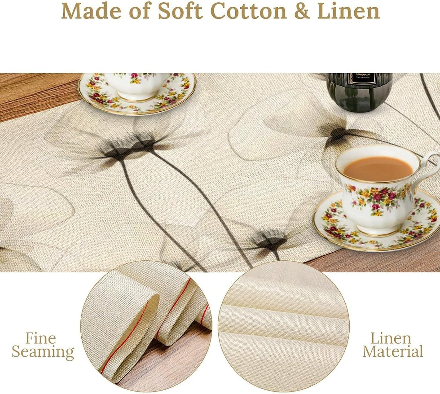 Abstract Floral Table Runner, Watercolor Transparent Beige Poppy Flowers Print Kitchen Dinning Table Runner for Indoor Outdoor Home Wedding Party Holiday, 13x108 Inch