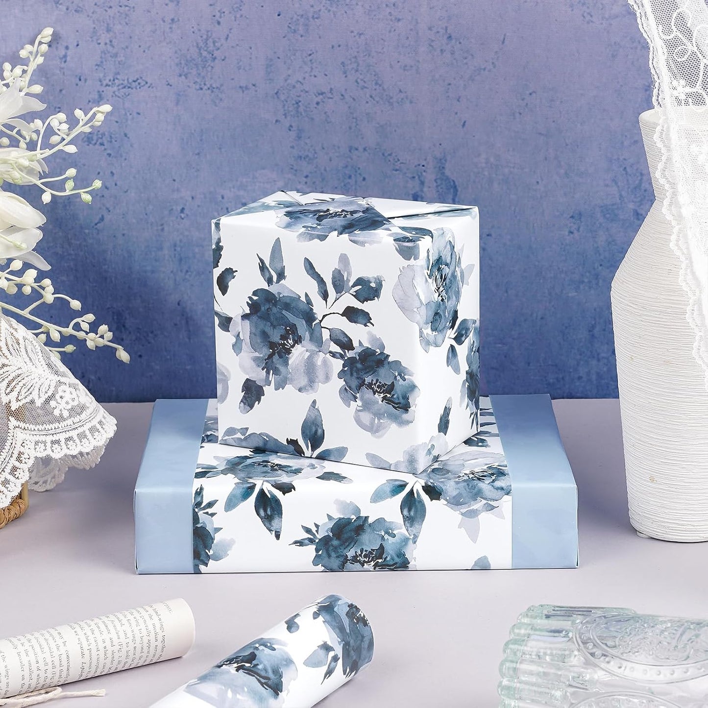 RUSPEPA Reversible Floral Wrapping Paper for Girls Women, Mini Roll, Watercolor Blue Floral and Solid Blue Gift Wrap Paper for Birthday, Wedding, Mother's Day, Bridal Shower, 17 Inches x 16.4 Feet