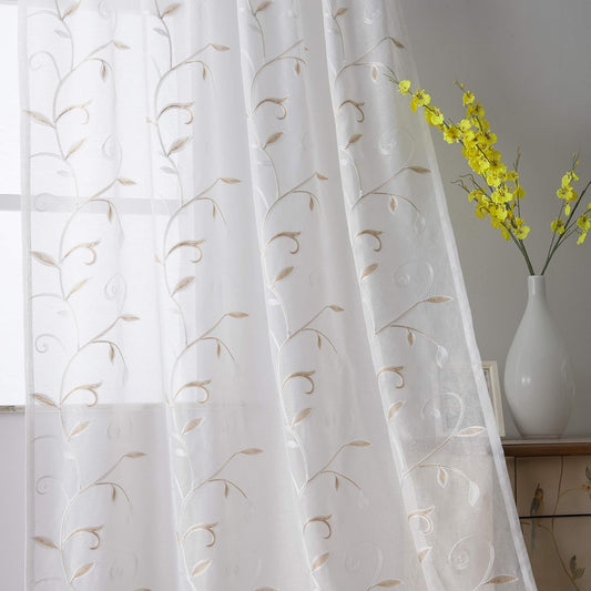 VISIONTEX White Sheer Voile Curtains, Decorative Beige Leaves Embroidery Faux Linen Rod Pocket Window Drapes for Home Kitchen, Living Room and Bedroom 54 x 63 Inch, Set of 2 Curtain Panels