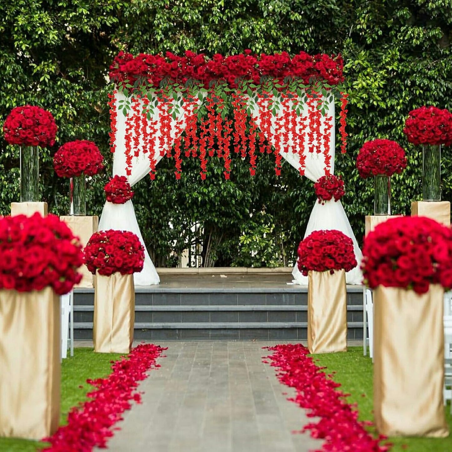 24 Pack Red Wisteria Hanging Flowers, 3.4 Ft Fake Hanging Flowers, Artificial Wisteria Garland Vines for Wedding Room Backdrop Outdoor Patio Garden Decoration