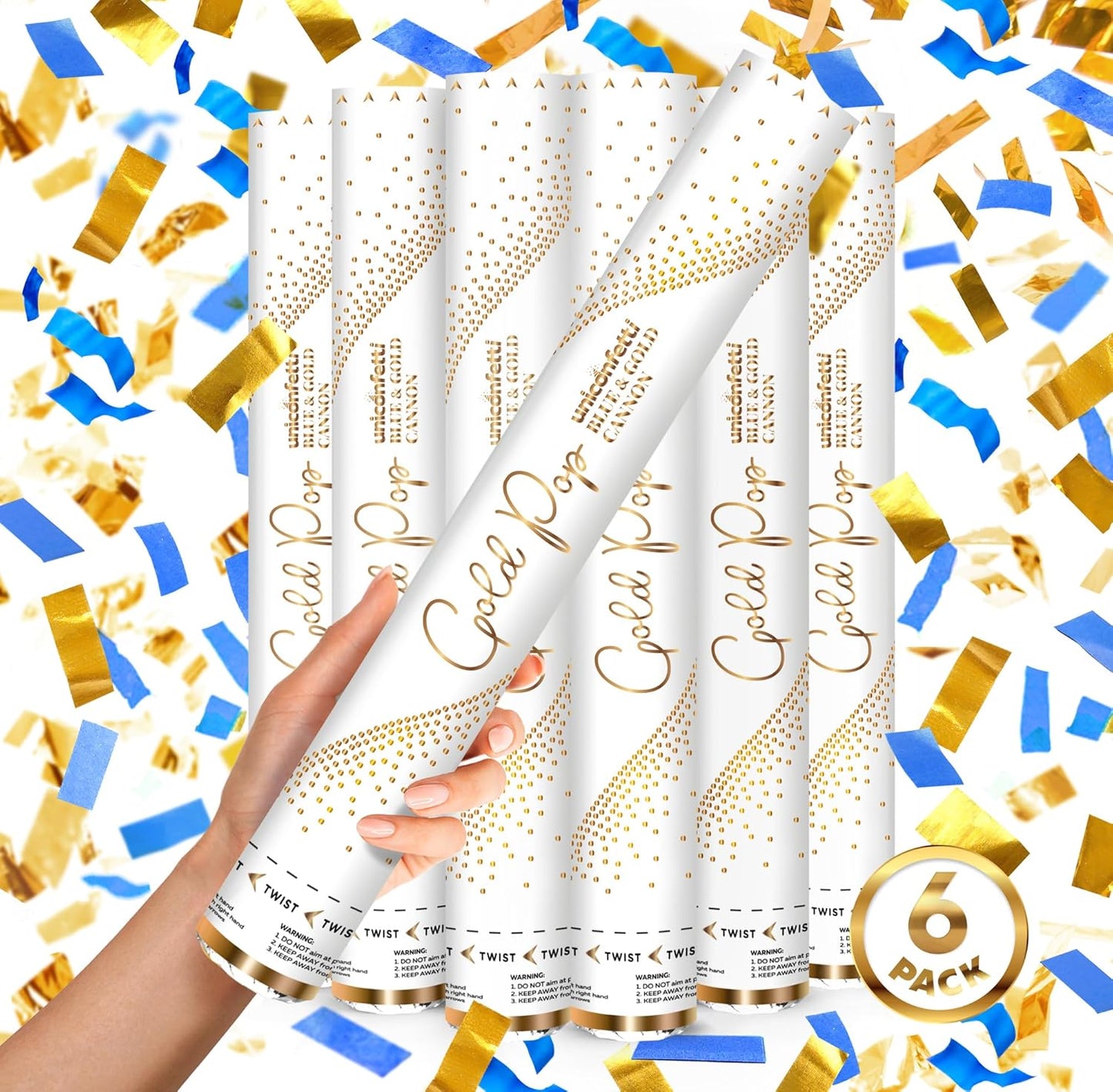 BLUE & GOLD Confetti Poppers - 16" BIODEGRADABLE BLUE & GOLD Confetti Cannon, Party Poppers, Compressed Air Popper, Loud Pop, Confetti Send Off, Wedding Supplies, Wedding Decorations