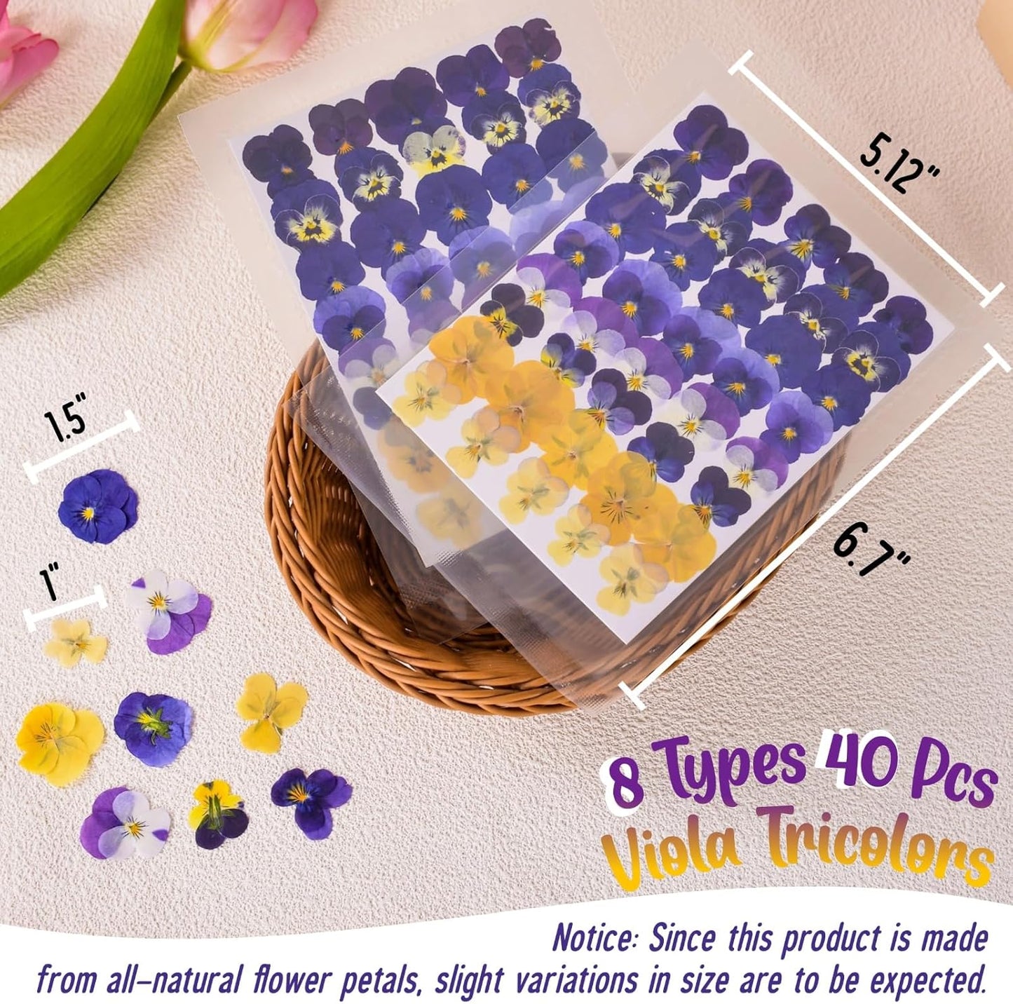 40 Pcs 8 Kinds Natural Dried Pressed Edible Flowers for Cake Topper Decorating - Mix Viola Tricolor for Cupcake Toppers, Cocktails, Resin Jewelry Making, DIY Art Crafts